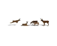 more-results: Six white-tailed deer. A mighty buck is stretched in a full running jump, a doe sits b